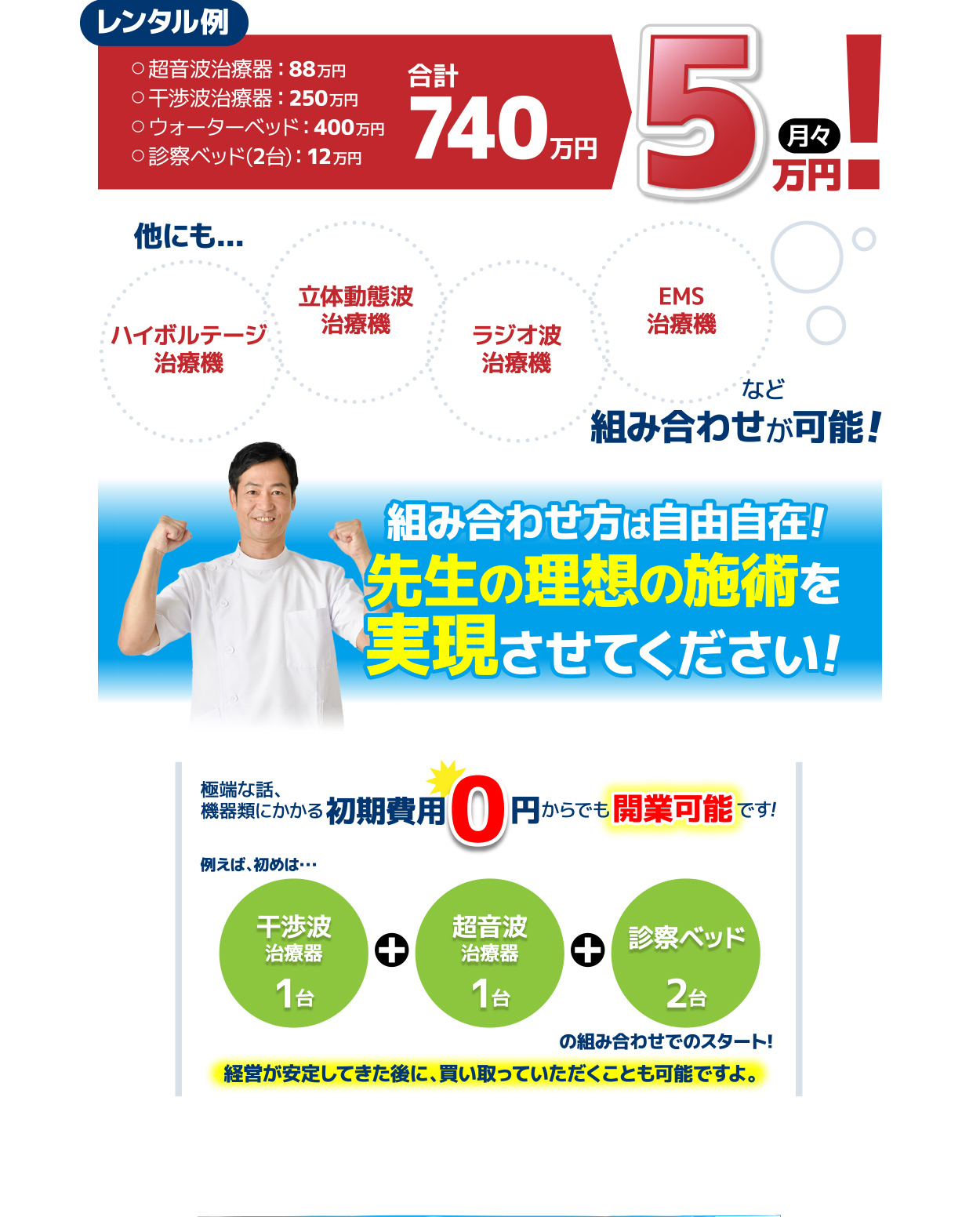 組み合わせ方は自由自在！先生の理想の施術を実現させてください！極端な話、機器類にかかる初期費用0円からでも開業可能です！